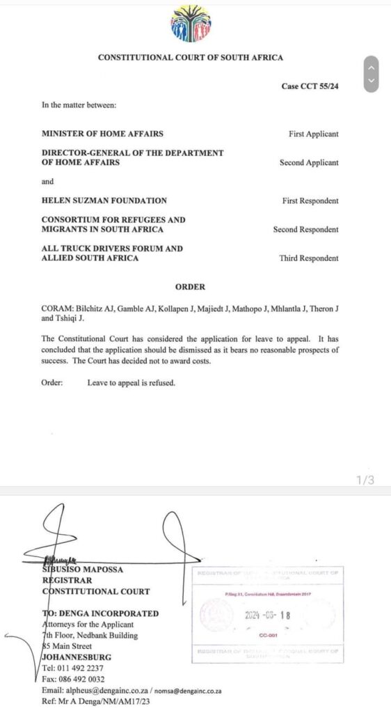 Constitutional Court dismissed an application by the outgoing Minister of Home Affairs, Aaron Motsoaledi 